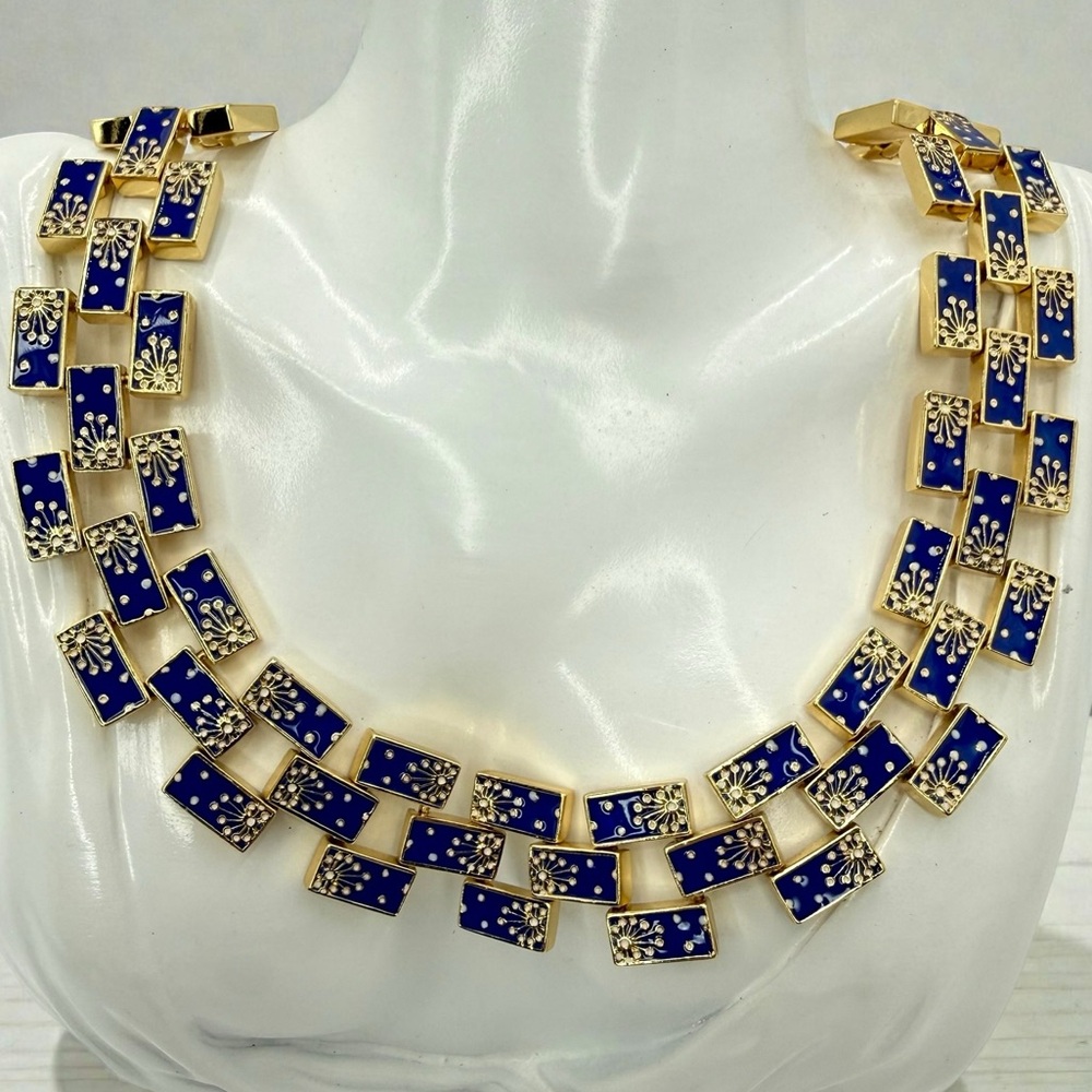 Rare Lulu Frost Signed Blue Enamel Gold Statement Necklace 17” Excellent Cond. - Picture 3 of 17
